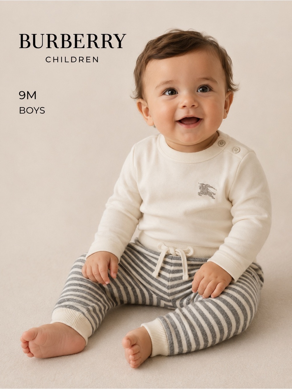 Burberry Children Baby Boys Gray & White Striped Jogger designer Pants Size 9M